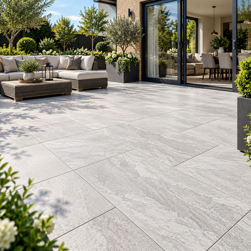 Paveworld Lake Crossover Bianco vitrified porcelain paving 900 x 600mm installed patio