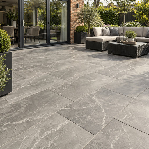 Paveworld Lake Crossover Grey vitrified porcelain paving 900 x 600mm installed patio