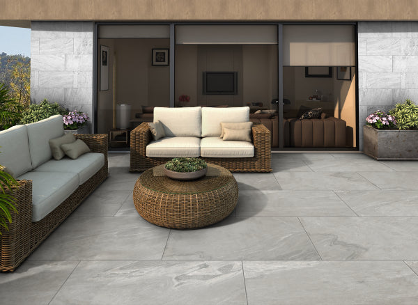 Lake Grigio vitrified porcelain plank paving in a grey stone-effect finish