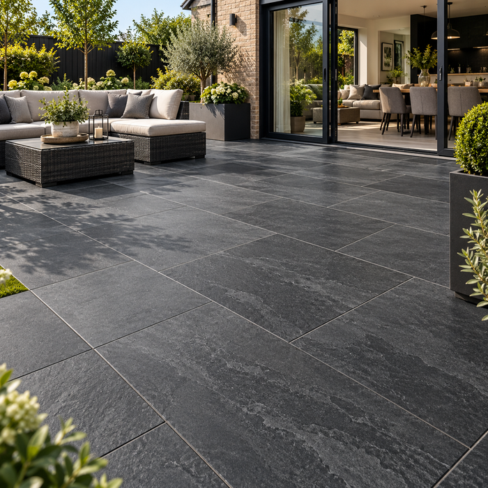 Paveworld Lake Quartz Black vitrified porcelain paving 900 x 600mm installed patio