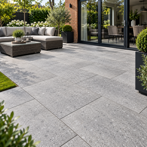 Paveworld Lake Quartz Grey vitrified porcelain paving 900 x 600mm installed patio