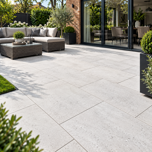 Paveworld Lake Quartz White vitrified porcelain paving 900 x 600mm installed patio