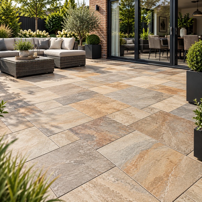 Paveworld Lake Rainbow vitrified porcelain paving mixed-size patio pack installed