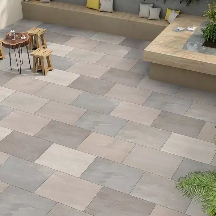 Paveworld Lake Raj Blend manufacturer image showing the porcelain paving laid in a patio pattern