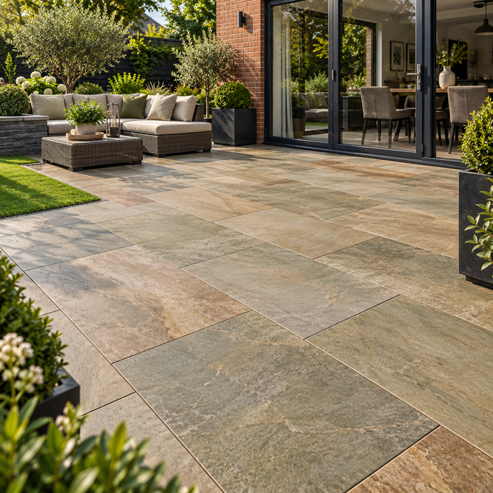 Paveworld Lake Raj Blend vitrified porcelain paving 900 x 600mm installed patio