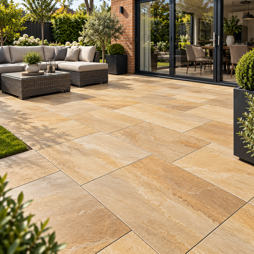 Paveworld Lake Rippon Buff vitrified porcelain paving 900 x 600mm installed patio