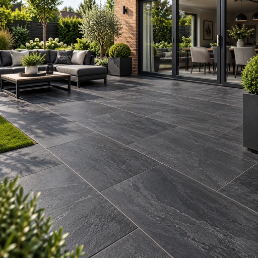Paveworld Lake Sagar Black vitrified porcelain paving 900 x 600mm installed patio