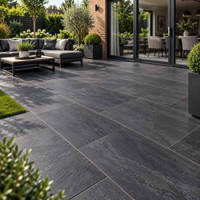 Paveworld Lake Sagar Black vitrified porcelain paving 900 x 600mm installed patio