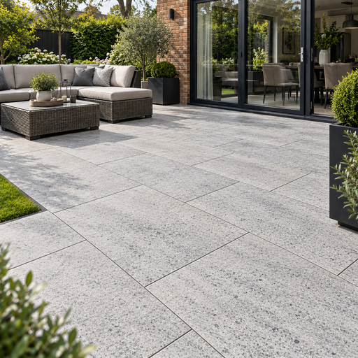 Paveworld Lake Silver Granite vitrified porcelain paving 900 x 600mm installed patio