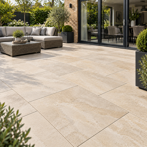 Paveworld Lake Sinai Pearl vitrified porcelain paving 900 x 600mm installed patio