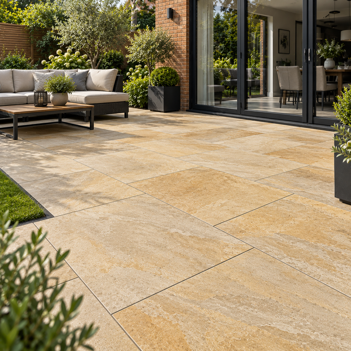 Paveworld Lake Tandur Yellow vitrified porcelain paving 900 x 600mm installed patio
