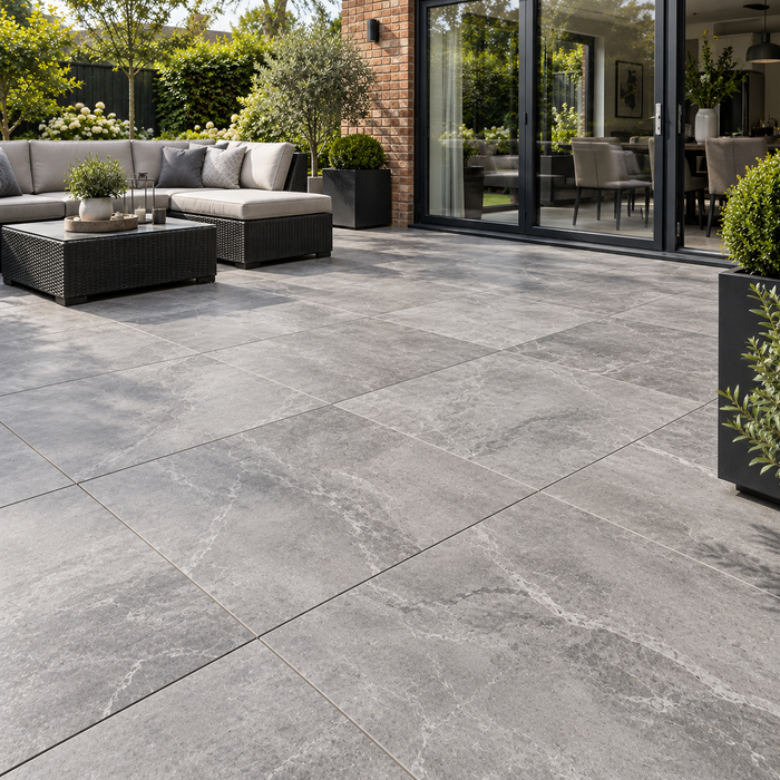 Paveworld Majestic Grigio vitrified porcelain paving 800 x 800mm installed patio