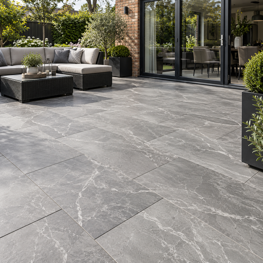 Paveworld Marmo Armani Grey vitrified porcelain paving 900 x 600mm installed patio