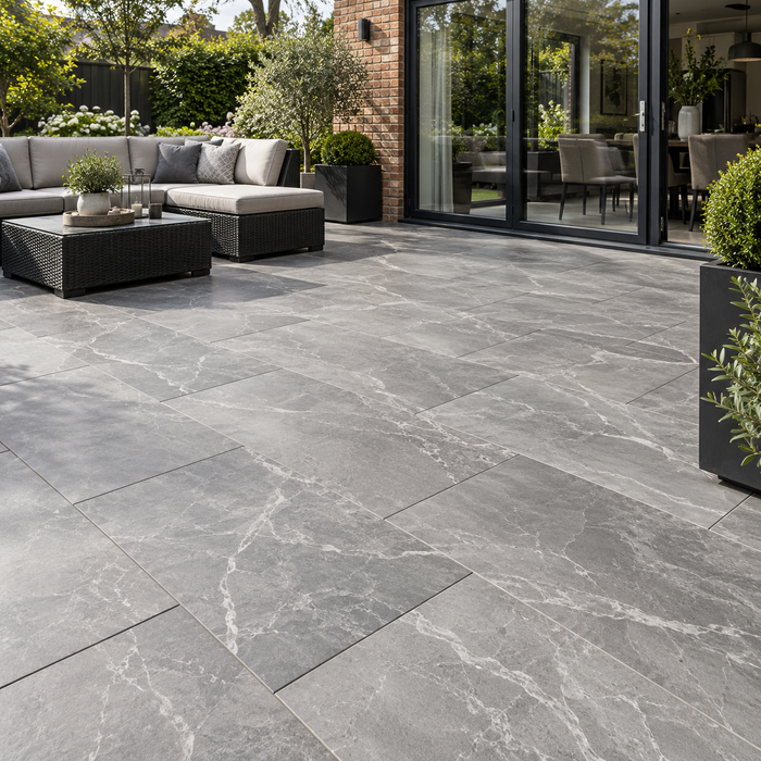 Paveworld Marmo Armani Grey vitrified porcelain paving 900 x 600mm installed patio