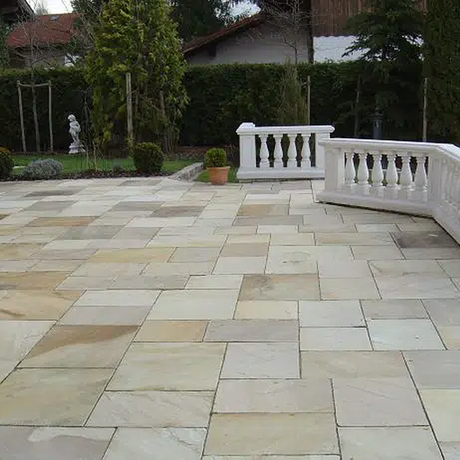 Paveworld Mint Fossil Sandstone 22mm calibrated paving showing cream pastel and fossil-style natural variation