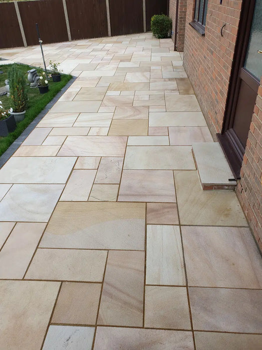 Paveworld Misty Caramel Buff sandstone paving showing natural colour variation