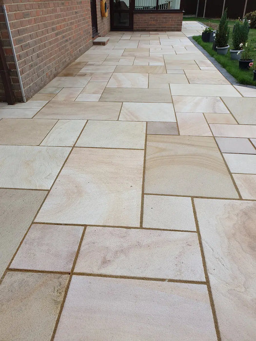 Paveworld Misty Caramel Buff paving installed garden detail