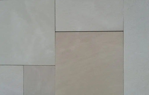 Paveworld Misty Santa Fee sandstone paving slabs showing warm buff tones