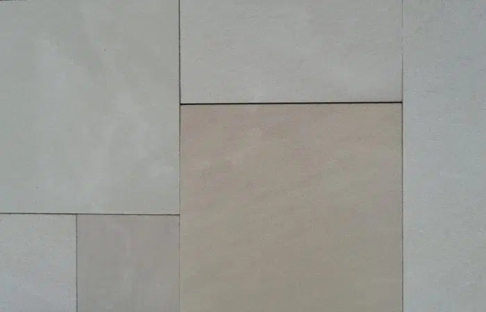 Paveworld Misty Santa Fee sandstone paving slabs showing warm buff tones