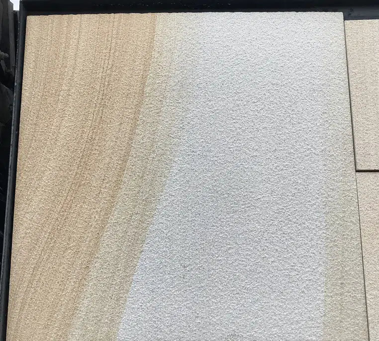 Paveworld Misty York Swirl sandstone slabs showing grey tonal variation
