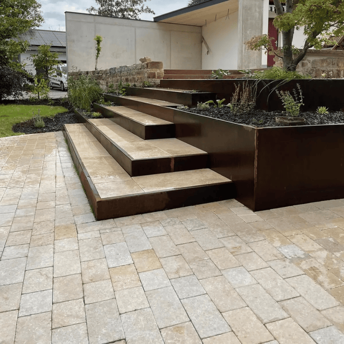 Paveworld Sinai Pearl limestone block paving driveway cobbles