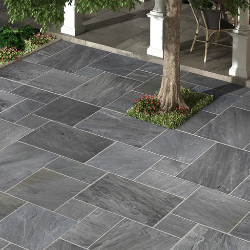 Paveworld Slate Grey Sandstone 22mm calibrated paving with natural grey tonal variation