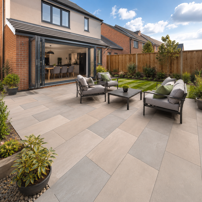 Raj Green porcelain patio laid outside a modern UK new build house with garden lawn, fencing and outdoor seating.