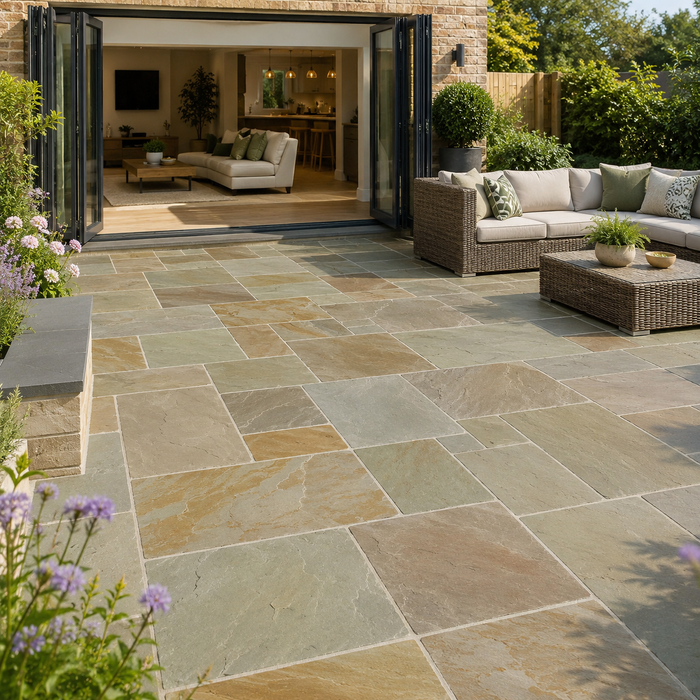 Raj Green sandstone paving installed with outdoor seating and garden planting