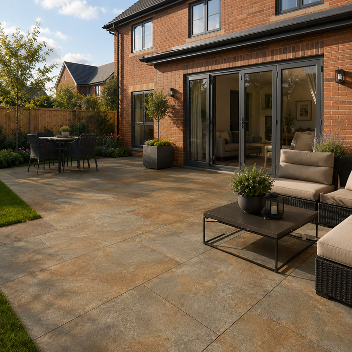 Rustic Copper porcelain paving laid at the rear of a modern English brick house with patio furniture and lawn.