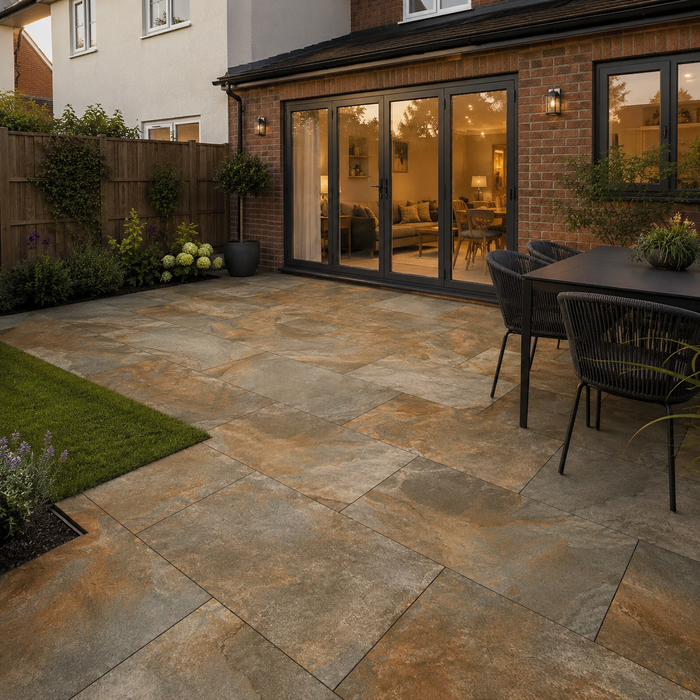 Rustic Copper porcelain paving installed in a rear garden patio at an English style house with dining area and warm evening lighting.