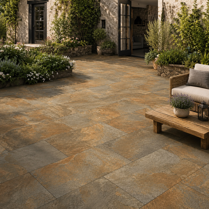 Rustic Copper porcelain paving laid in a traditional style garden patio with planting borders and outdoor seating.