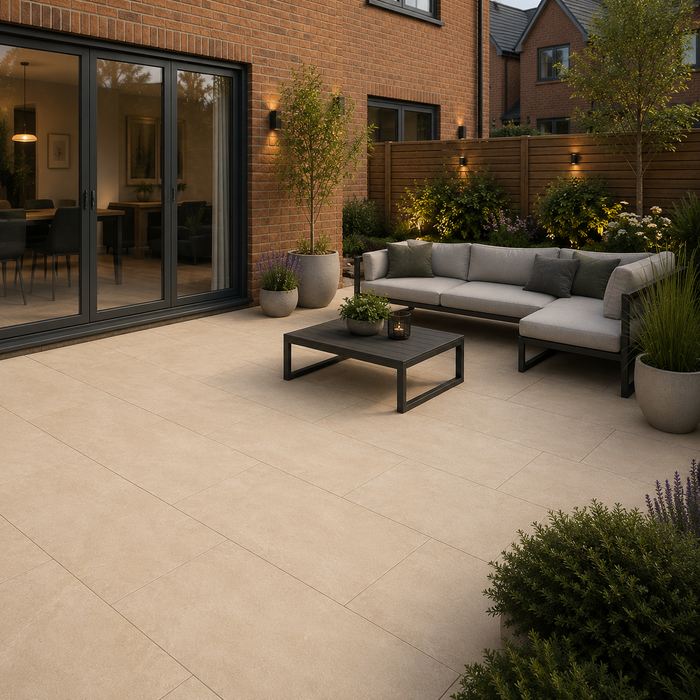 Sand porcelain paving laid in a contemporary UK garden with outdoor sofa, coffee table and planted borders.