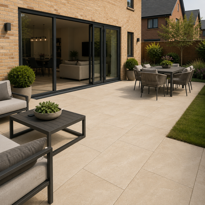 Sand porcelain paving installed at the rear of a modern UK new-build house with bifold doors and outdoor dining furniture.
