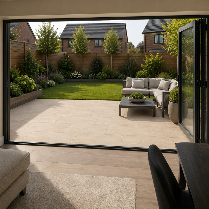 View from inside a UK home looking out onto a sand porcelain patio with garden seating, lawn and landscaped borders.